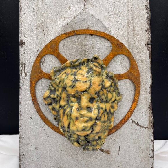 Johnnie Dobson Pottery Mixed Media Green Yellow Glaze Cherub Face on Metal